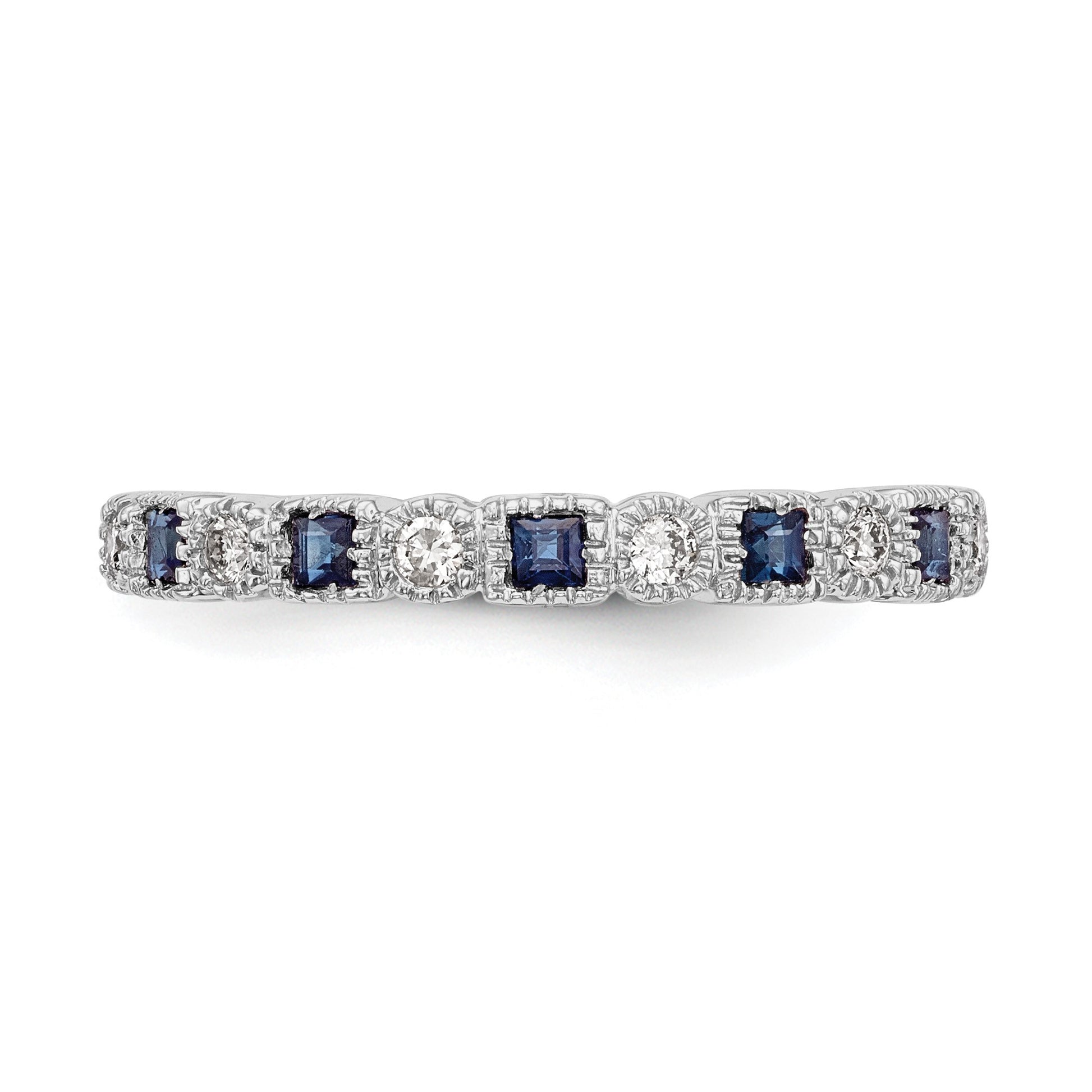 14k White Gold 1/10 carat Diamond and Blue Princess Sapphire Complete Band