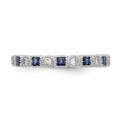 14k White Gold 1/10 carat Diamond and Blue Princess Sapphire Complete Band
