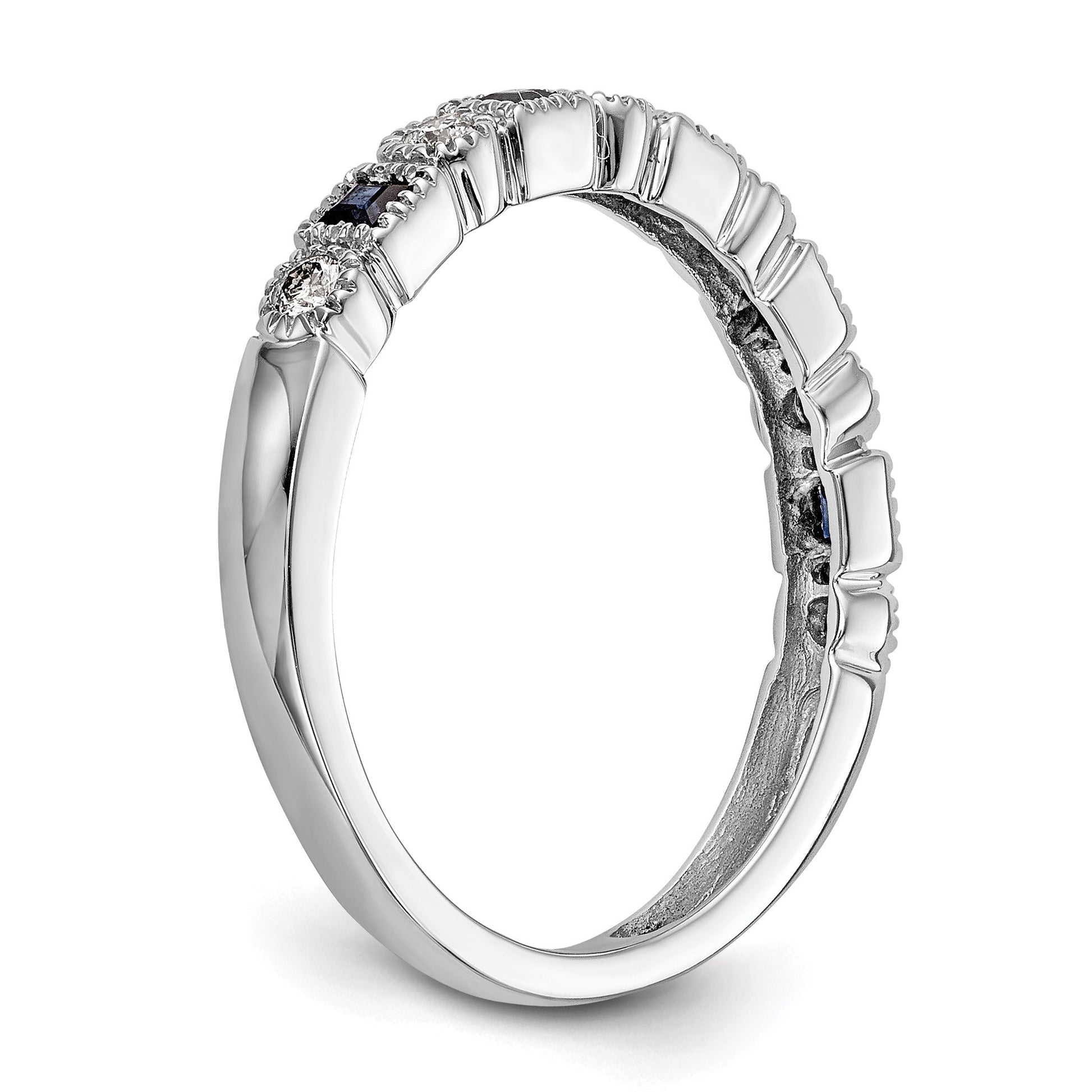 14k White Gold 1/10 carat Diamond and Blue Princess Sapphire Complete Band