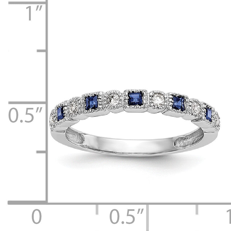 14k White Gold 1/10 carat Diamond and Blue Princess Sapphire Complete Band