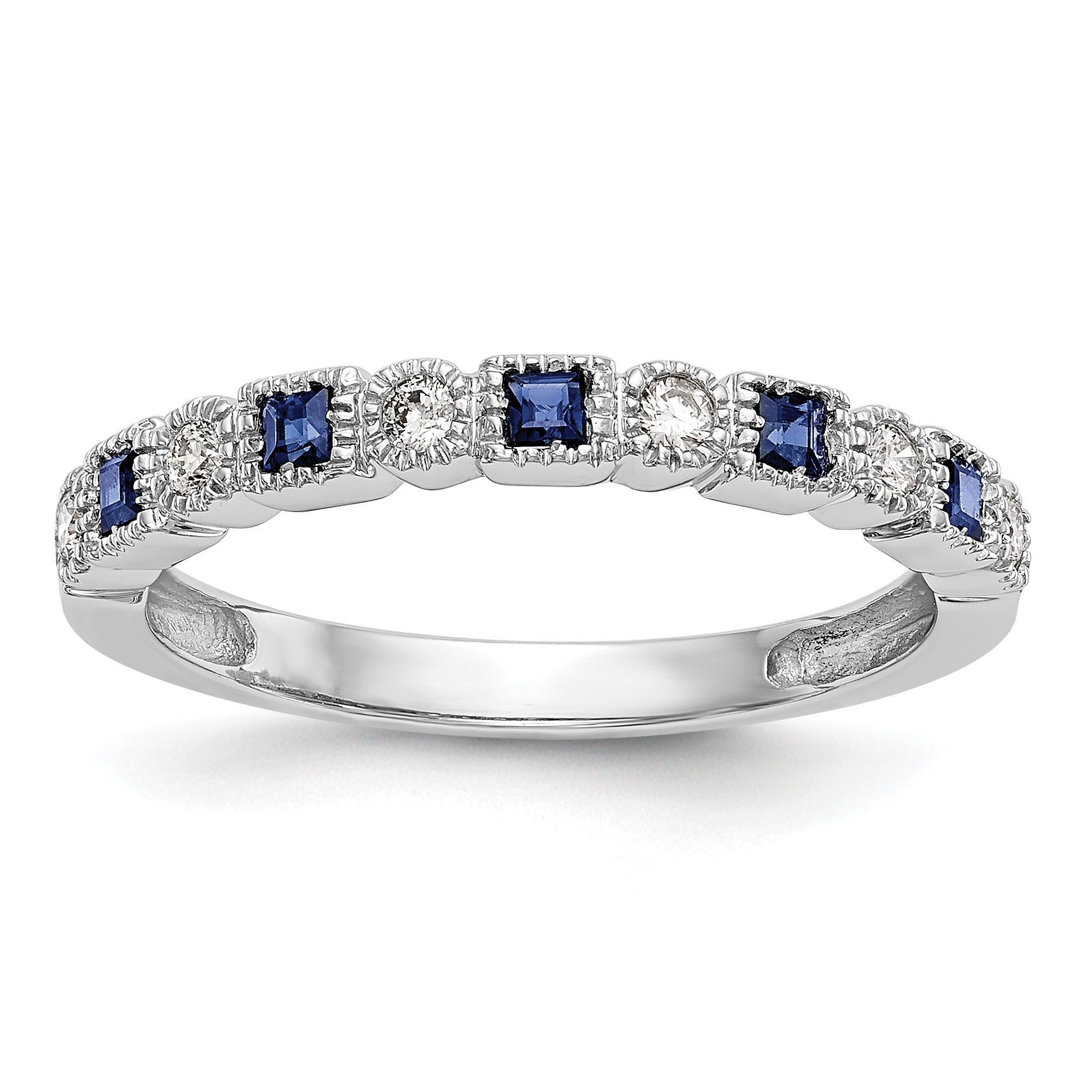 14k White Gold 1/10 carat Diamond and Blue Princess Sapphire Complete Band
