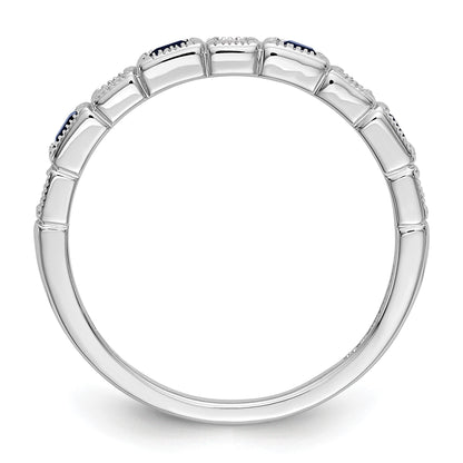 14k White Gold 1/10 carat Diamond and Blue Sapphire Baguette Complete Band