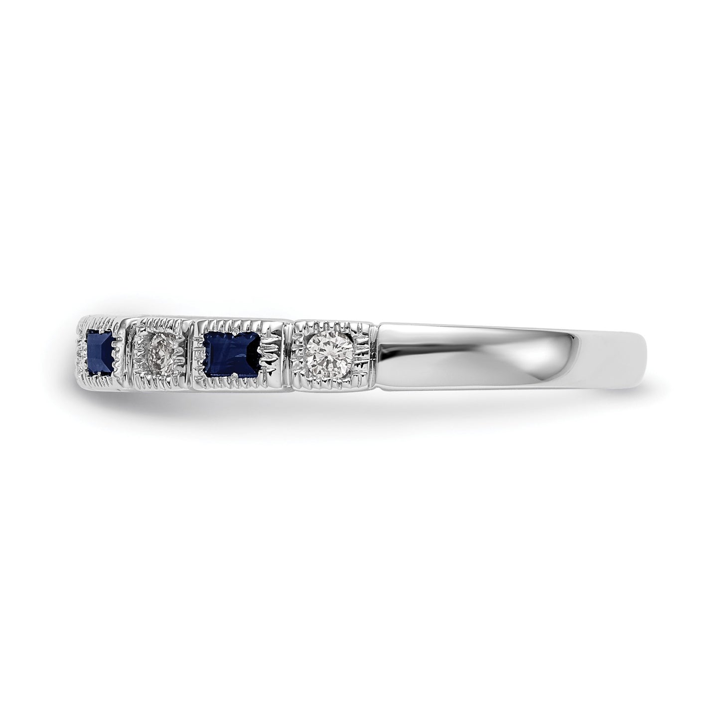 14k White Gold 1/10 carat Diamond and Blue Sapphire Baguette Complete Band