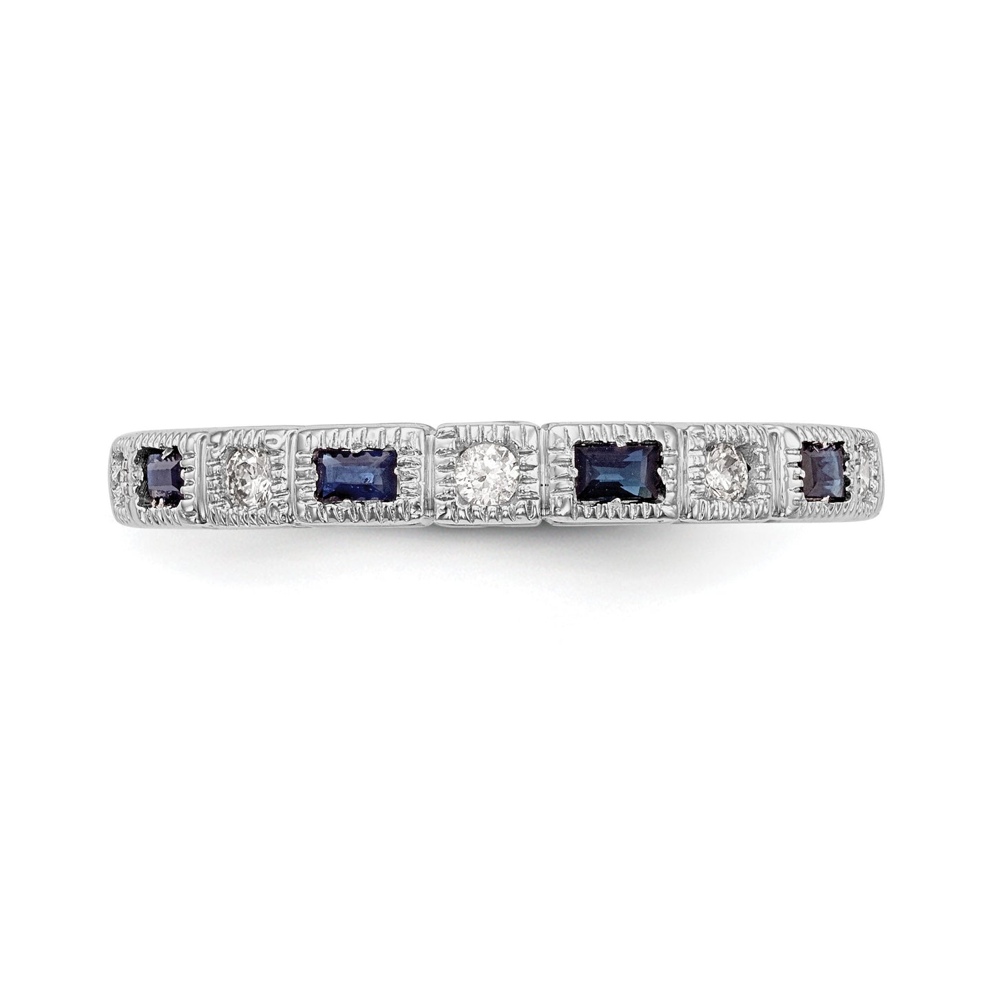 14k White Gold 1/10 carat Diamond and Blue Sapphire Baguette Complete Band