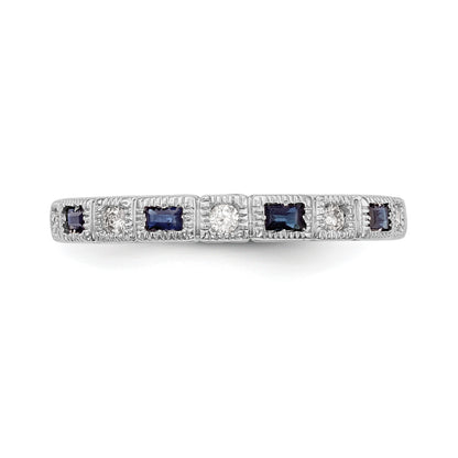 14k White Gold 1/10 carat Diamond and Blue Sapphire Baguette Complete Band