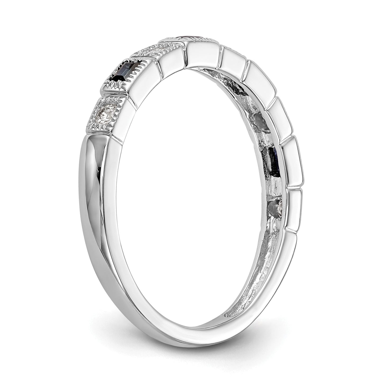 14k White Gold 1/10 carat Diamond and Blue Sapphire Baguette Complete Band