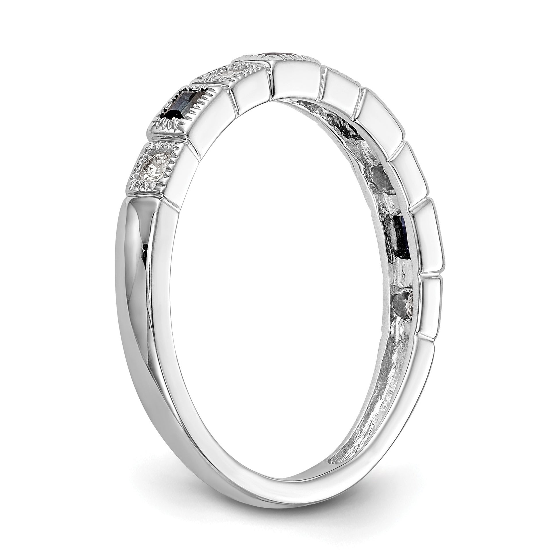 14k White Gold 1/10 carat Diamond and Blue Sapphire Baguette Complete Band