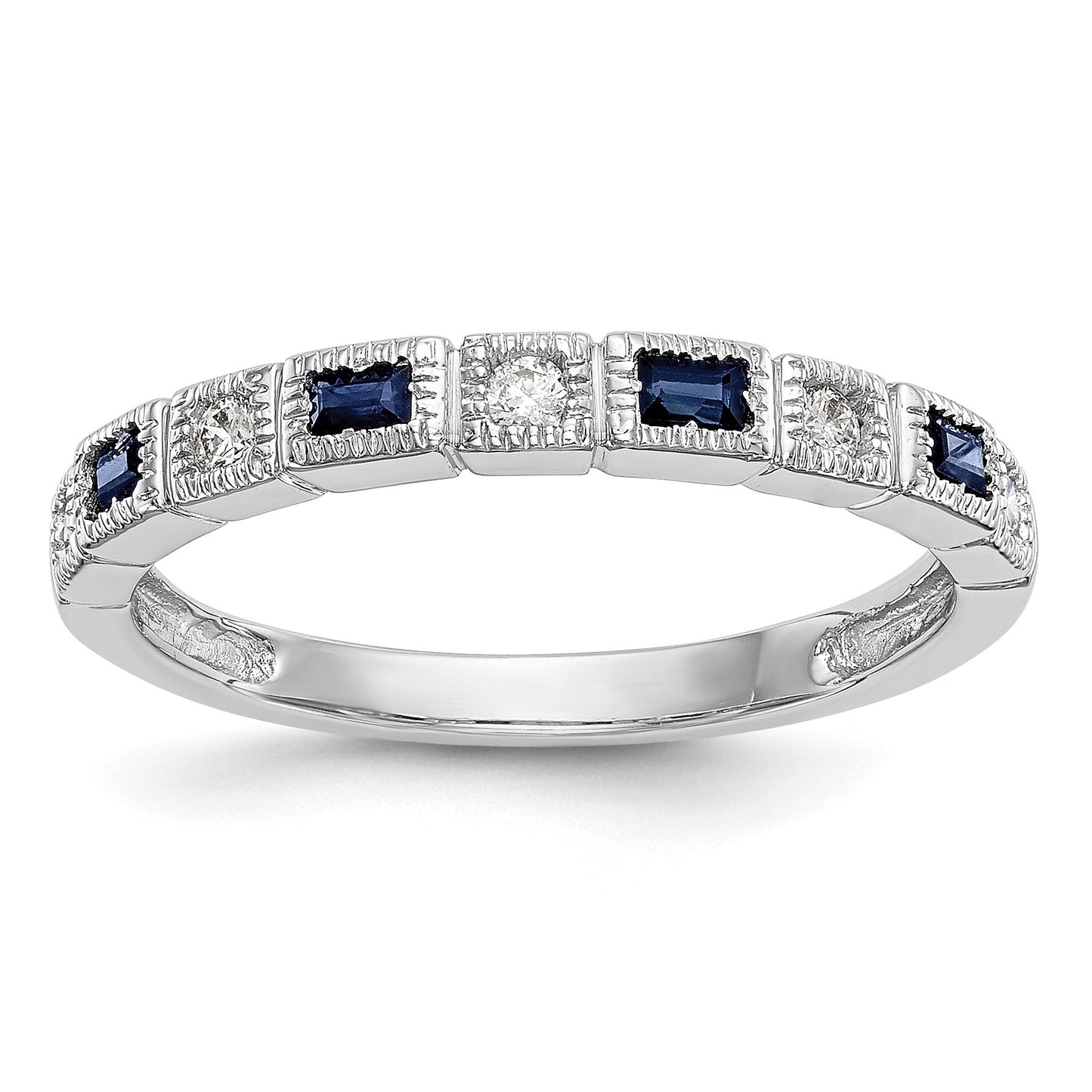 14k White Gold 1/10 carat Diamond and Blue Sapphire Baguette Complete Band