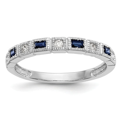 14k White Gold 1/10 carat Diamond and Blue Sapphire Baguette Complete Band