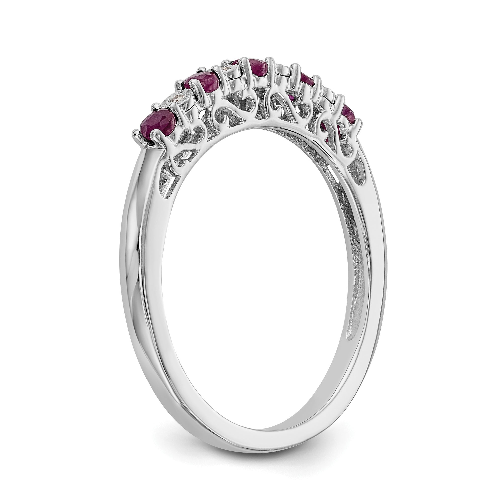 14k White Gold .01 carat Diamond and Ruby Complete Band