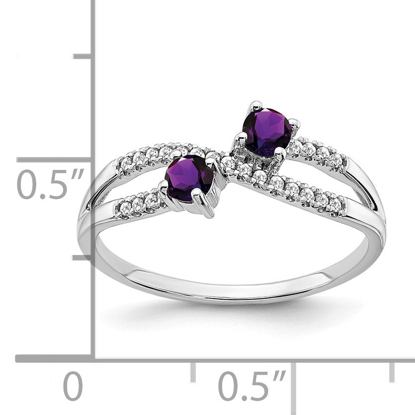 14k White Gold Two-stone Amethyst and 1/10 carat Diamond 2-Stone Ring