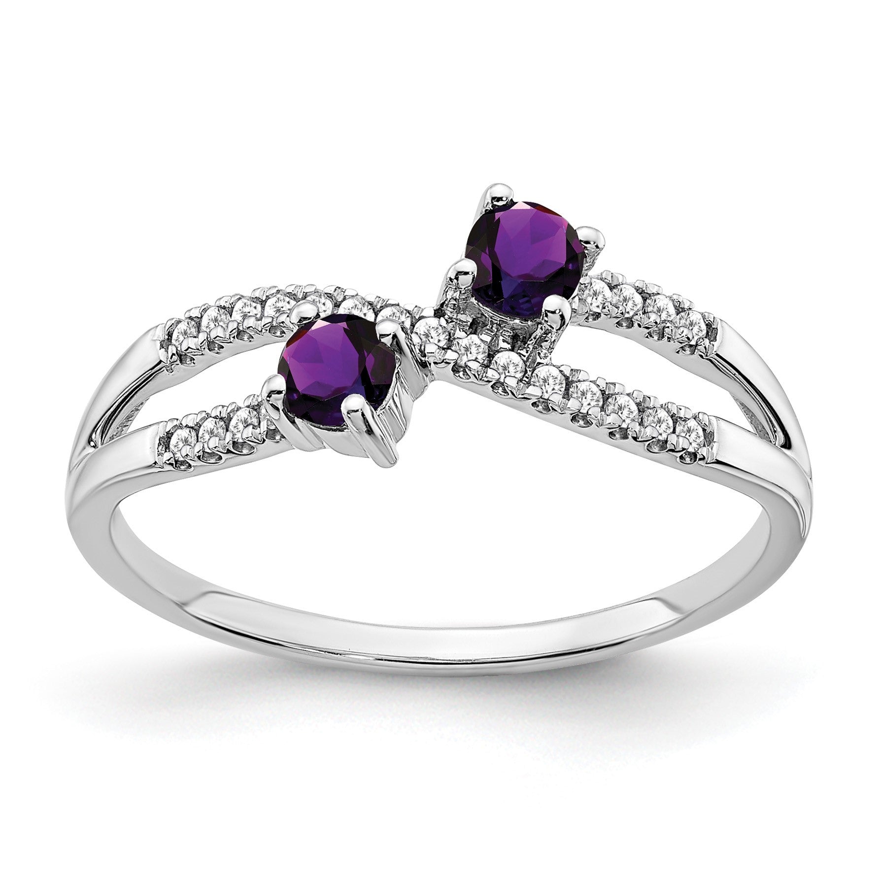 14k White Gold Two-stone Amethyst and 1/10 carat Diamond 2-Stone Ring
