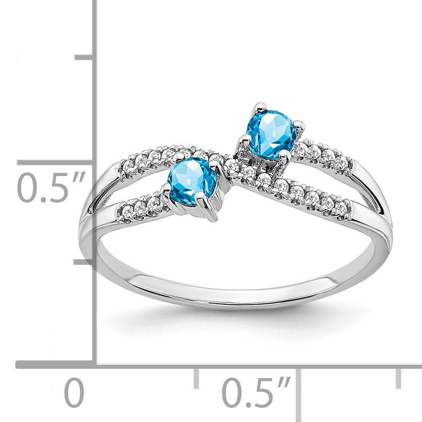 14k White Gold 3mm Round Blue Topaz and 1/10 carat Diamond 2-Stone Ring