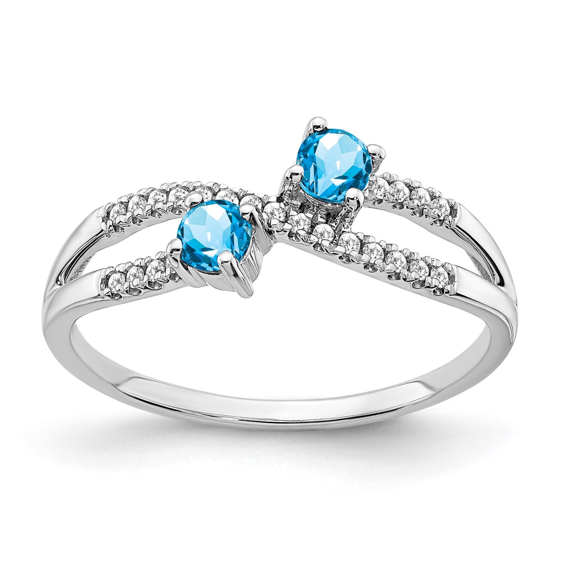 14k White Gold 3mm Round Blue Topaz and 1/10 carat Diamond 2-Stone Ring
