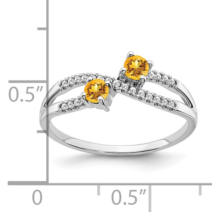 14k White Gold 3mm Round Citrine and 1/10 carat Diamond 2-Stone Ring