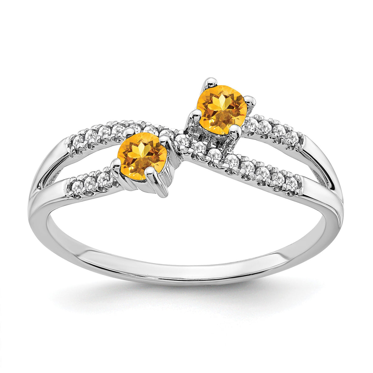 14k White Gold 3mm Round Citrine and 1/10 carat Diamond 2-Stone Ring