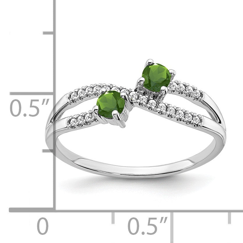 14k White Gold 3mm Round Peridot and 1/10 carat Diamond 2-Stone Ring