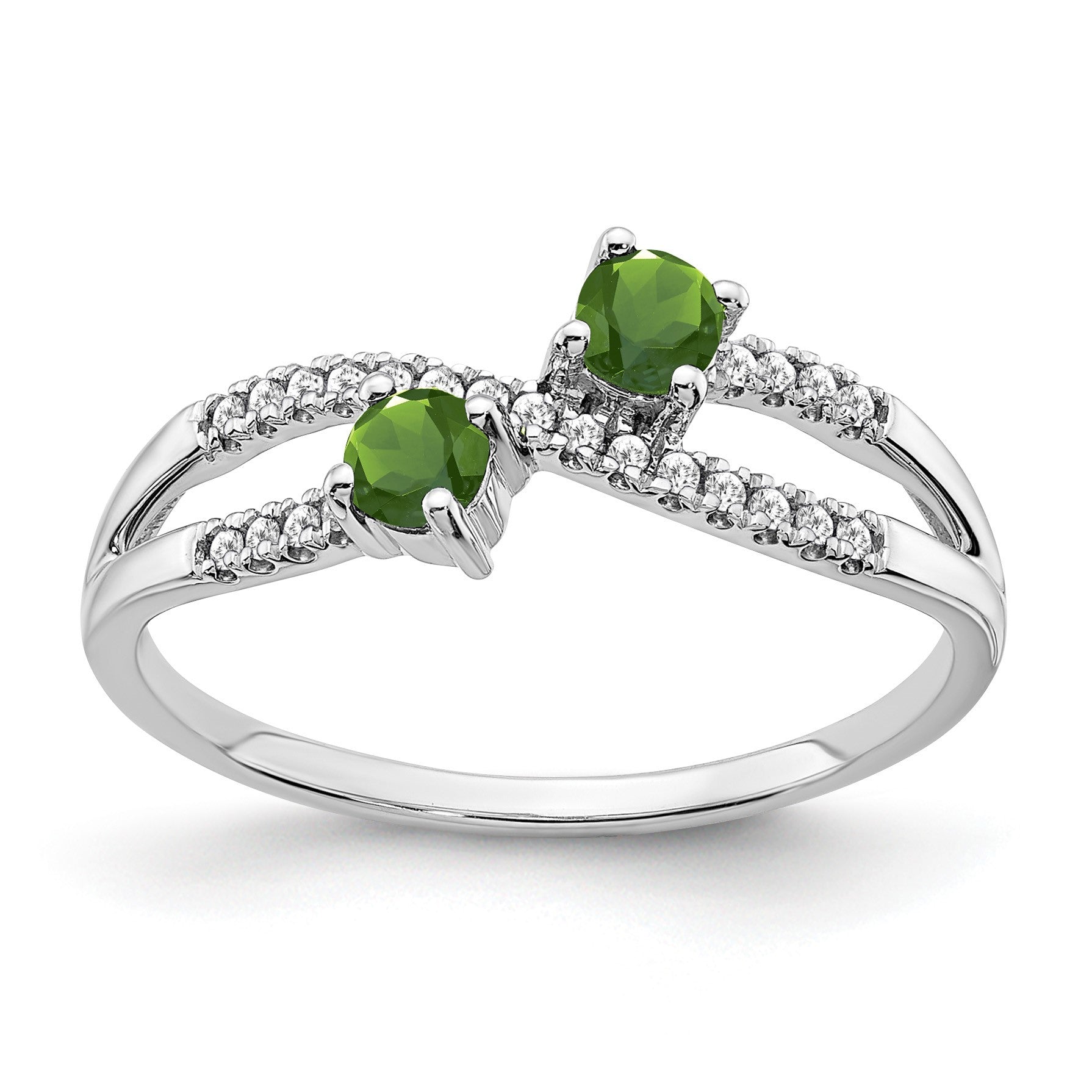 14k White Gold 3mm Round Peridot and 1/10 carat Diamond 2-Stone Ring