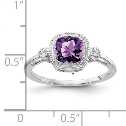 14k White Gold 6mm Cushion Amethyst Bezel and Diamond Ring