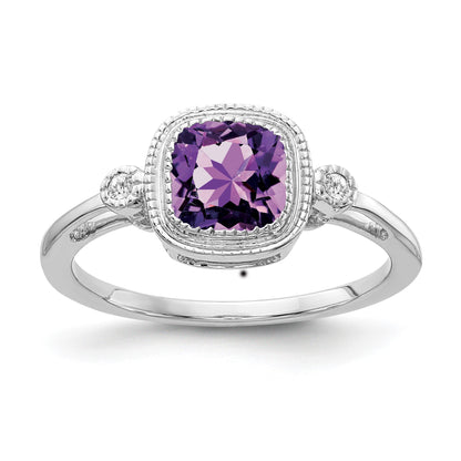 14k White Gold 6mm Cushion Amethyst Bezel and Diamond Ring