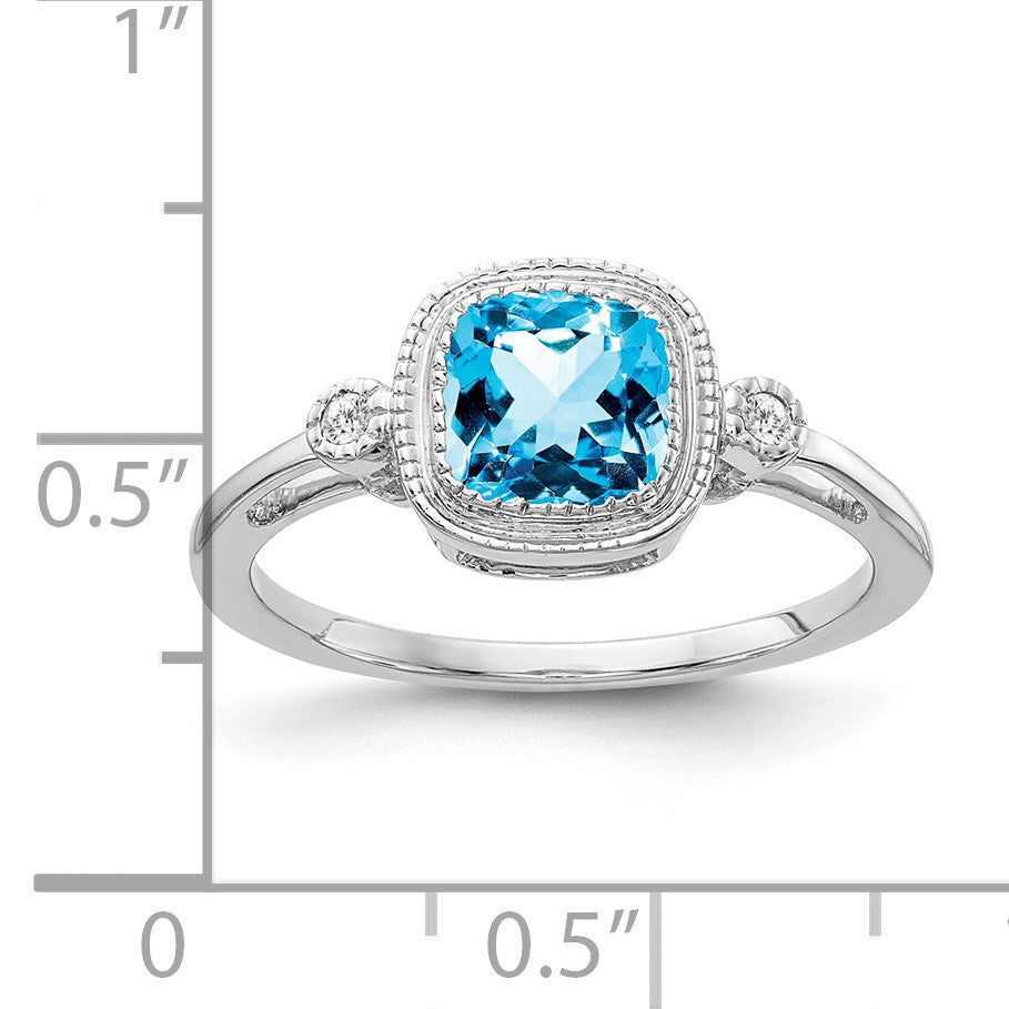 14k White Gold 6mm Cushion Blue Topaz Bezel and Diamond Ring