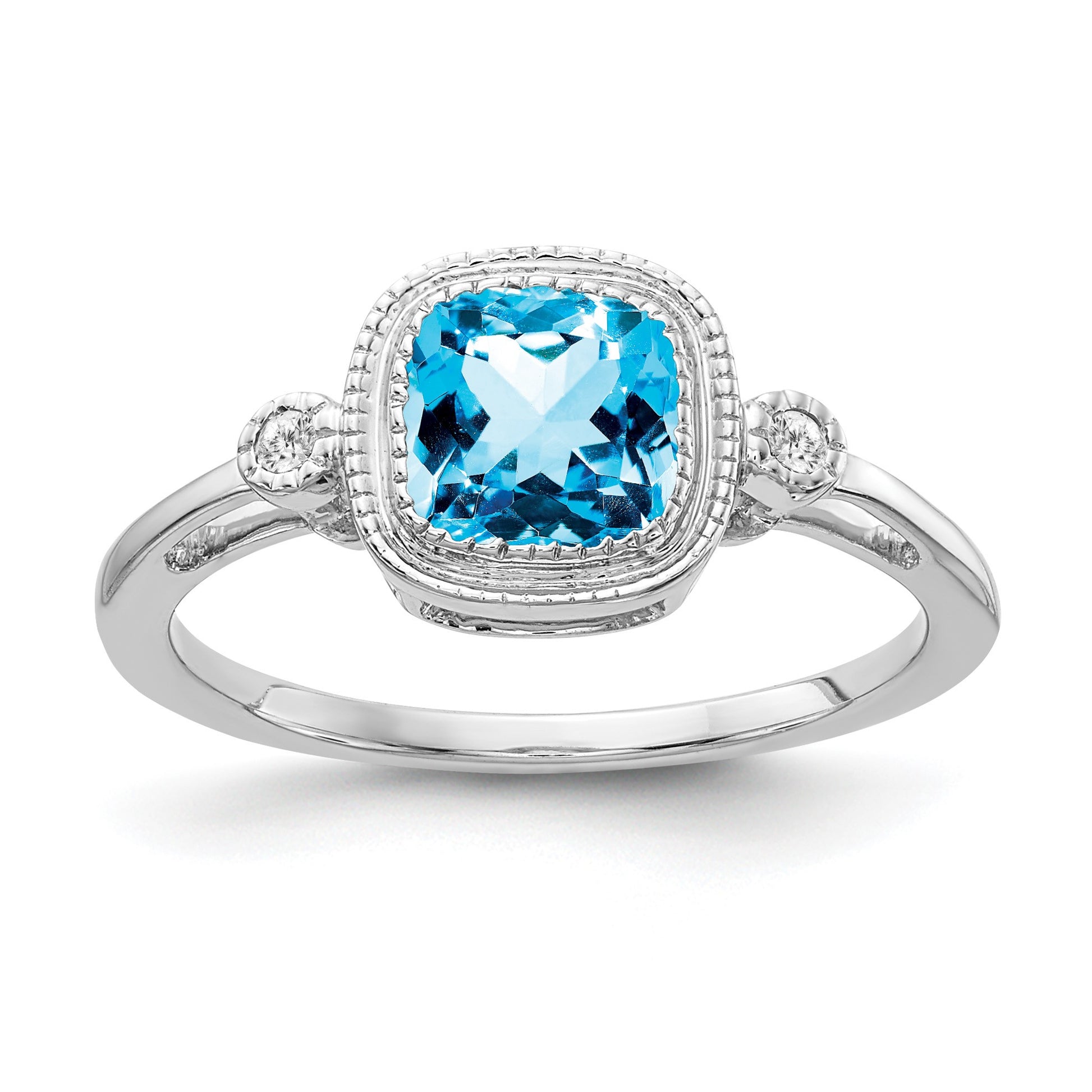 14k White Gold 6mm Cushion Blue Topaz Bezel and Diamond Ring
