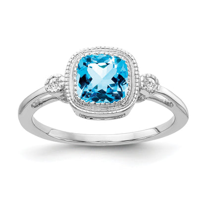 14k White Gold 6mm Cushion Blue Topaz Bezel and Diamond Ring