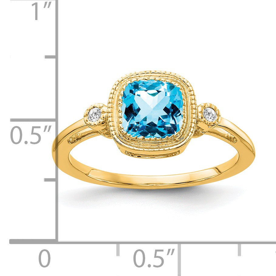 14k 6mm Cushion Blue Topaz Bezel and Diamond Ring
