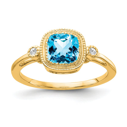 14k 6mm Cushion Blue Topaz Bezel and Diamond Ring