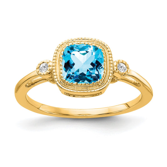 14k 6mm Cushion Blue Topaz Bezel and Diamond Ring
