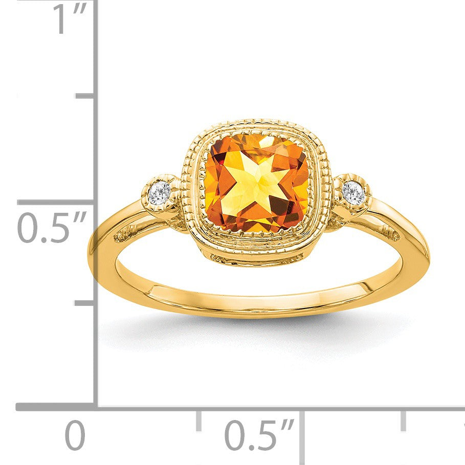 14k 6mm Cushion Citrine Bezel and Diamond Ring