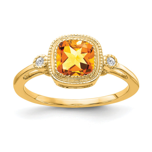 14k 6mm Cushion Citrine Bezel and Diamond Ring