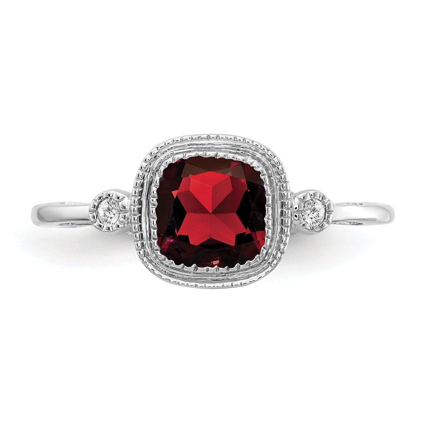 14k White Gold 6mm Cushion Garnet Bezel and Diamond Ring