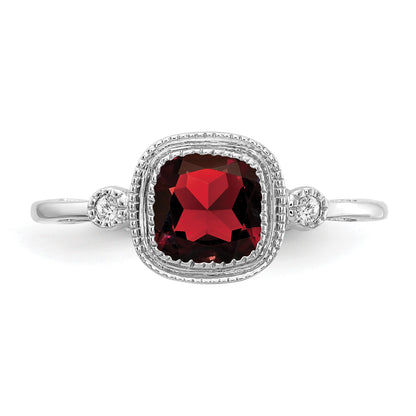 14k White Gold 6mm Cushion Garnet Bezel and Diamond Ring