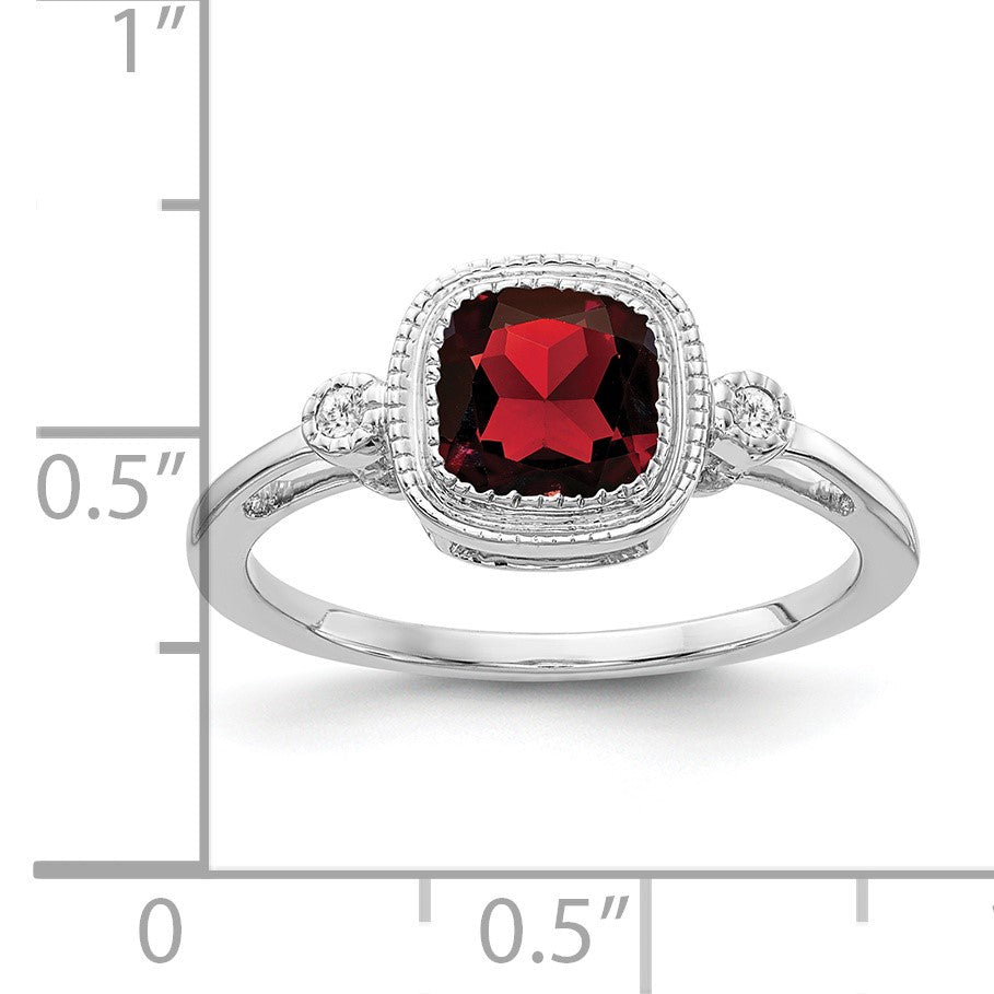 14k White Gold 6mm Cushion Garnet Bezel and Diamond Ring