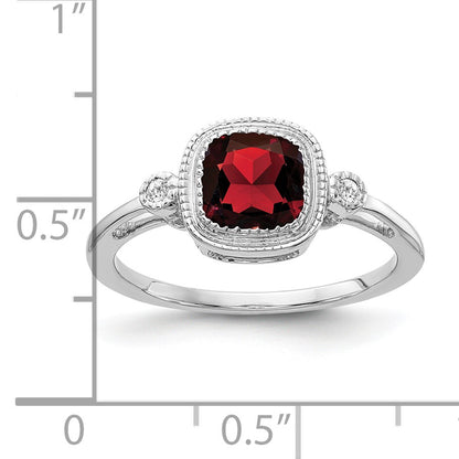 14k White Gold 6mm Cushion Garnet Bezel and Diamond Ring