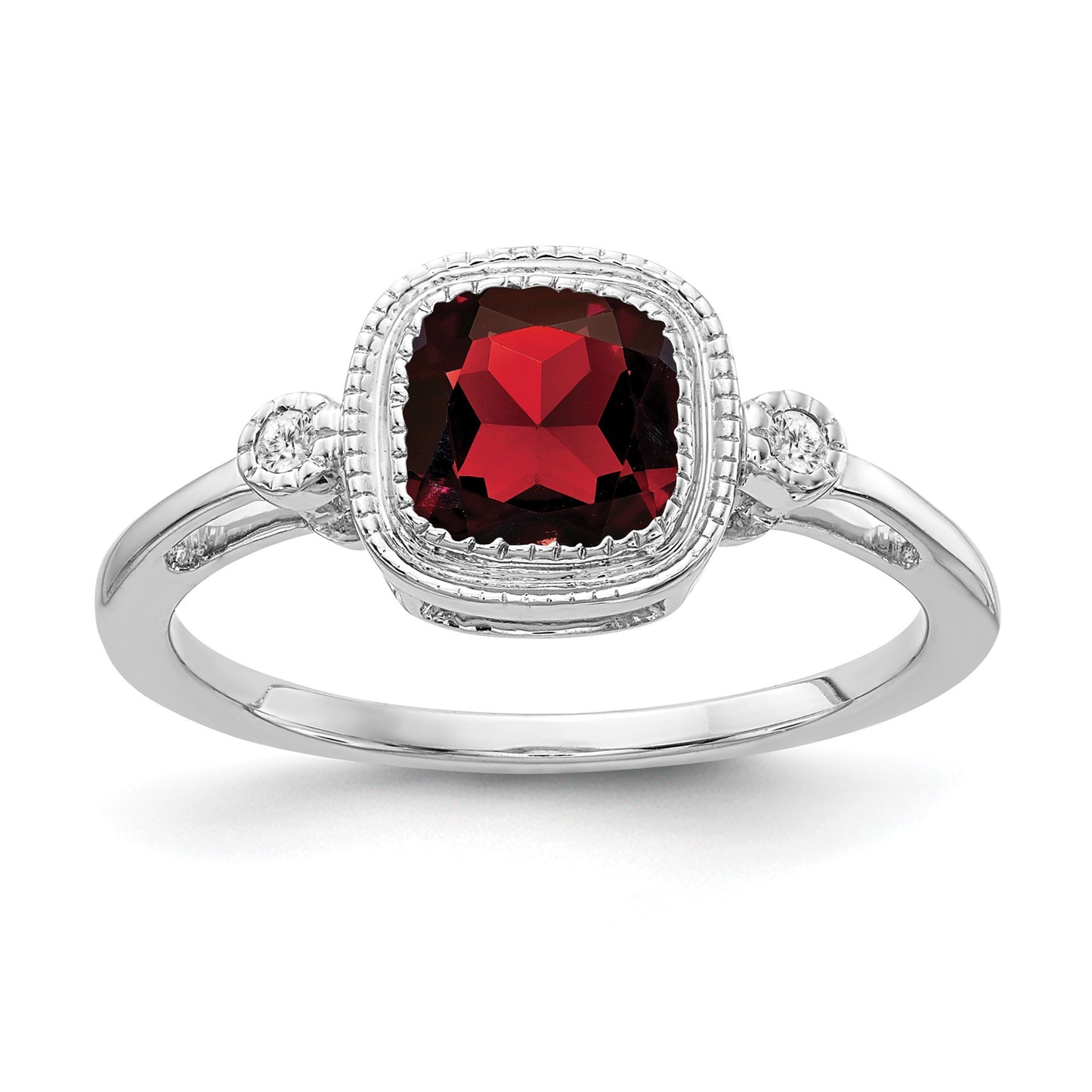 14k White Gold 6mm Cushion Garnet Bezel and Diamond Ring