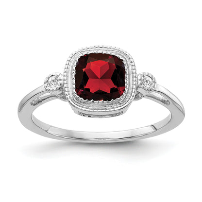 14k White Gold 6mm Cushion Garnet Bezel and Diamond Ring