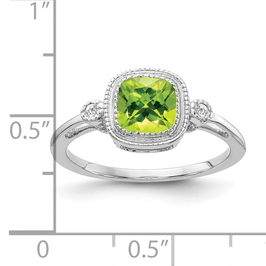 14k White Gold 6mm Cushion Peridot Bezel and Diamond Ring