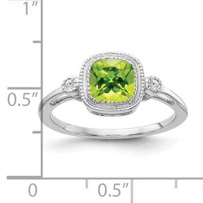 14k White Gold 6mm Cushion Peridot Bezel and Diamond Ring
