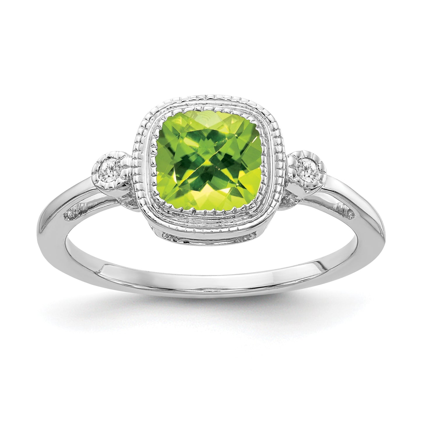 14k White Gold 6mm Cushion Peridot Bezel and Diamond Ring