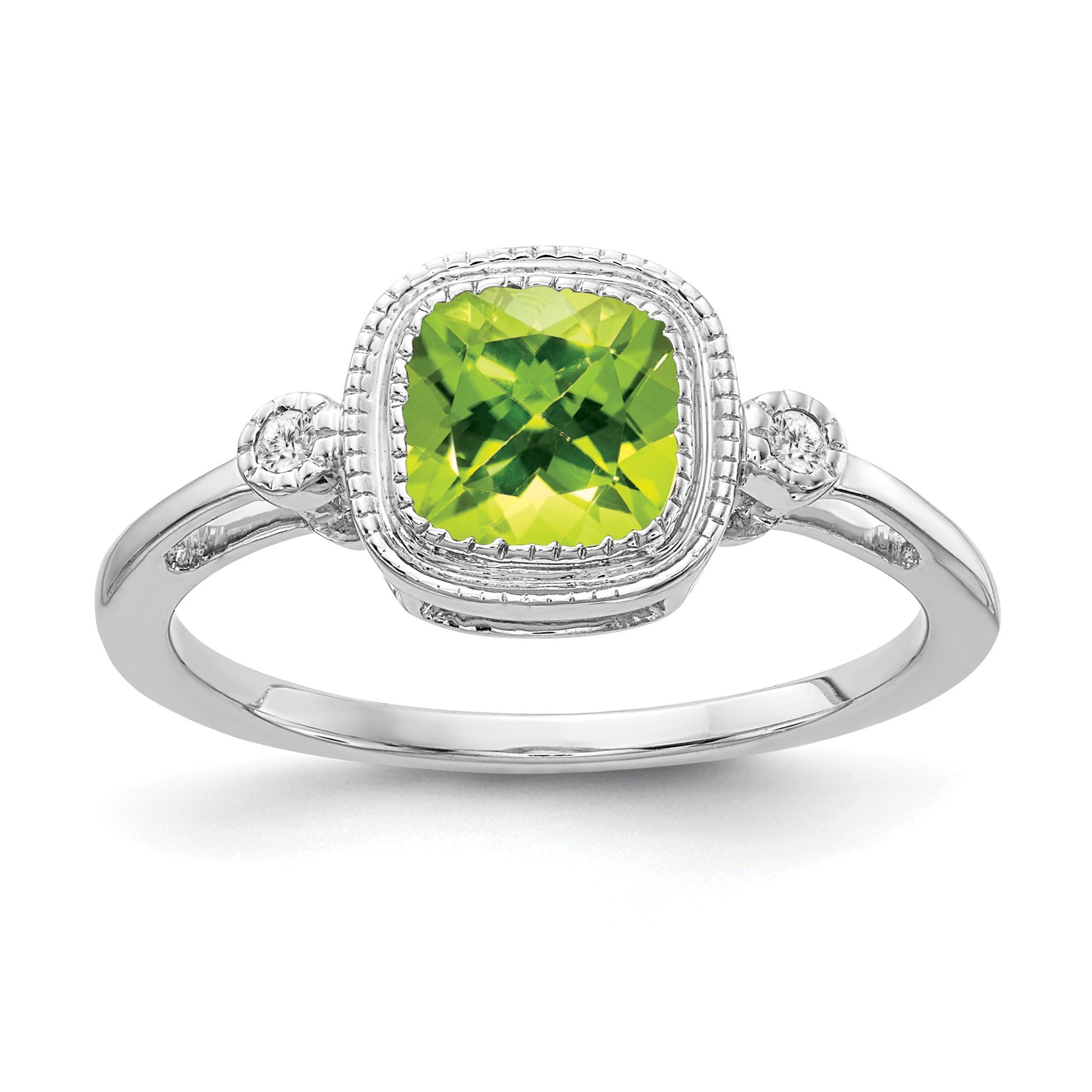 14k White Gold 6mm Cushion Peridot Bezel and Diamond Ring