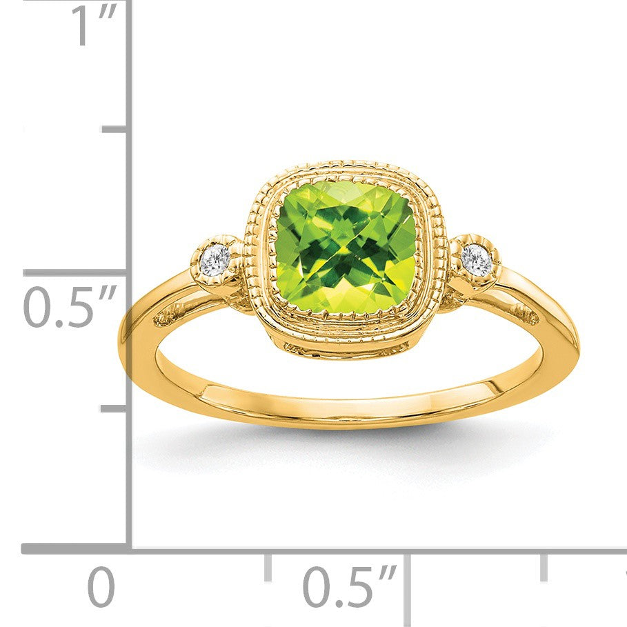 14k 6mm Cushion Peridot Bezel and Diamond Ring