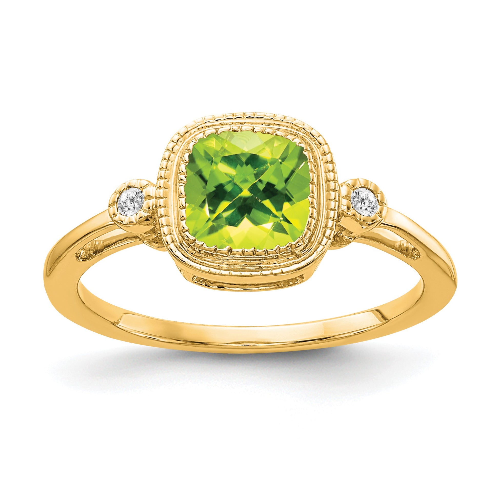 14k 6mm Cushion Peridot Bezel and Diamond Ring