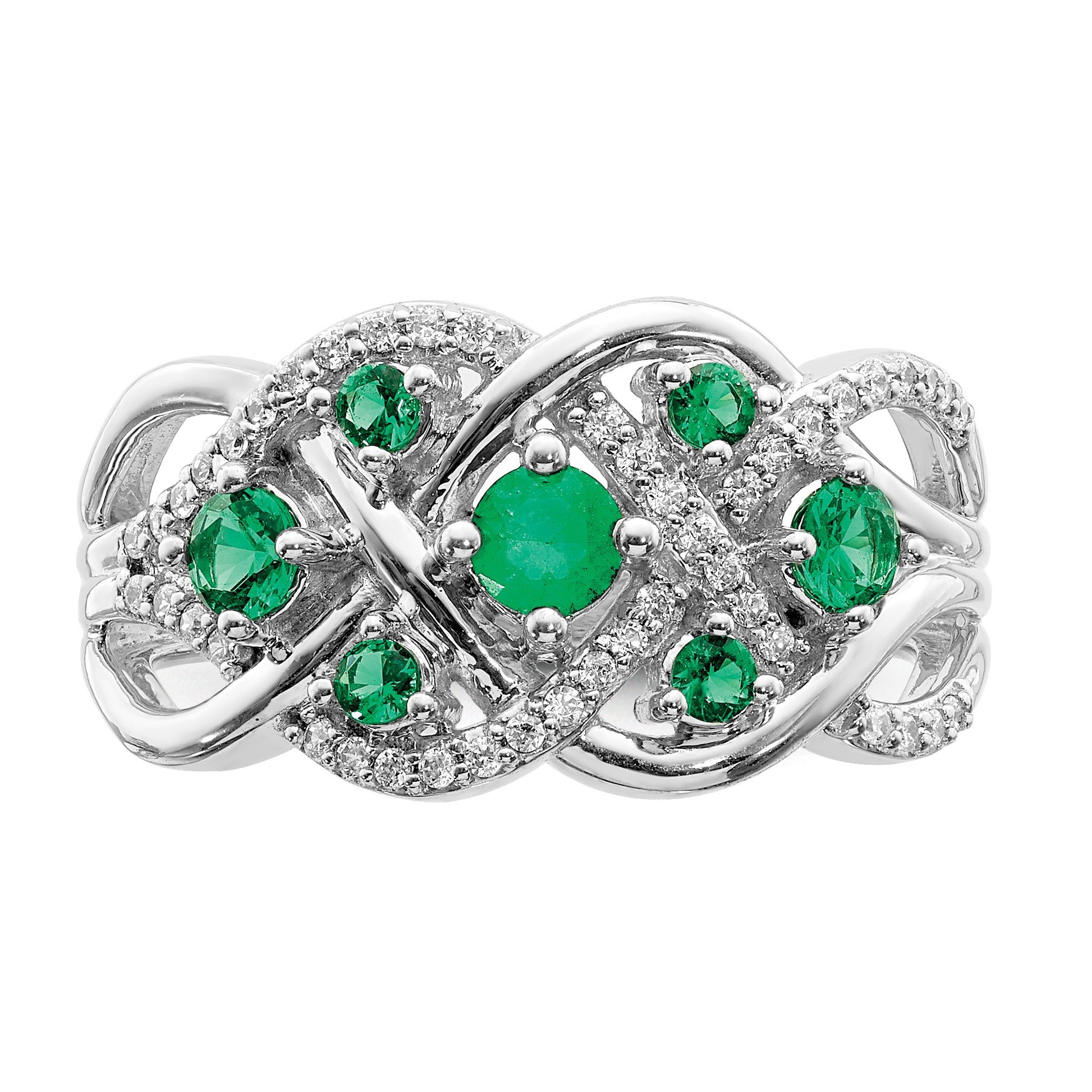 14k White Gold Emerald and 1/5 carat Diamond Fancy Woven Ring