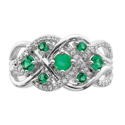 14k White Gold Emerald and 1/5 carat Diamond Fancy Woven Ring