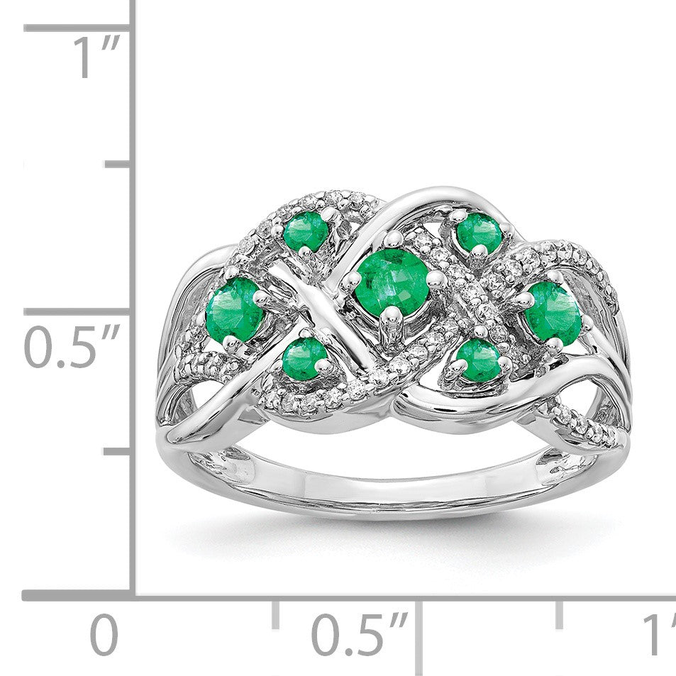 14k White Gold Emerald and 1/5 carat Diamond Fancy Woven Ring