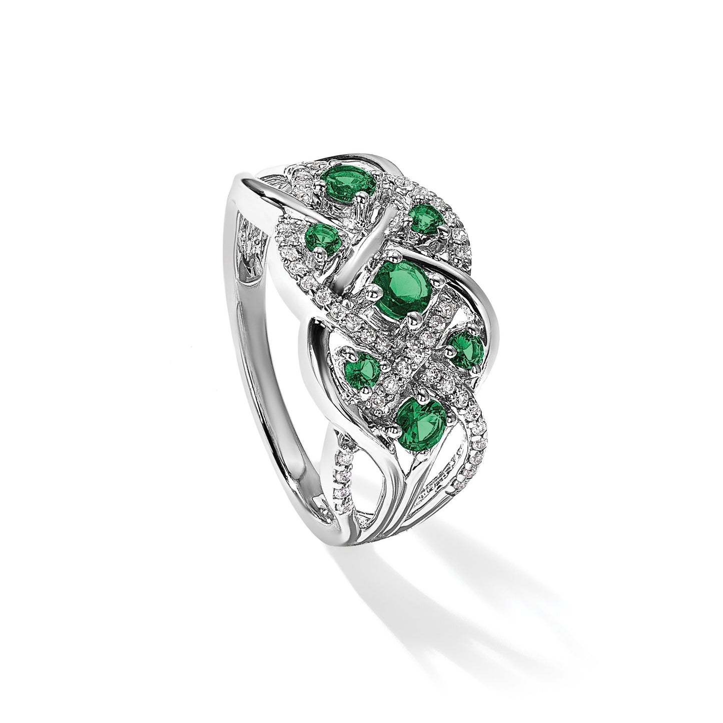 14k White Gold Emerald and 1/5 carat Diamond Fancy Woven Ring
