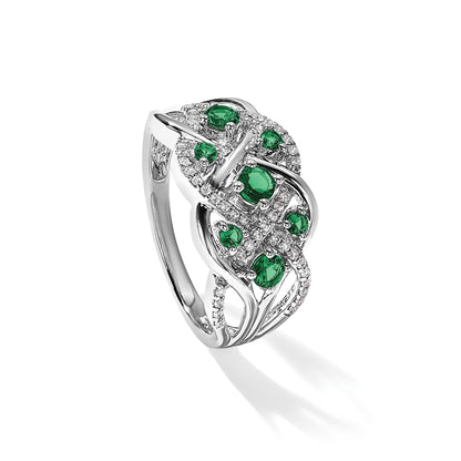 14k White Gold Emerald and 1/5 carat Diamond Fancy Woven Ring