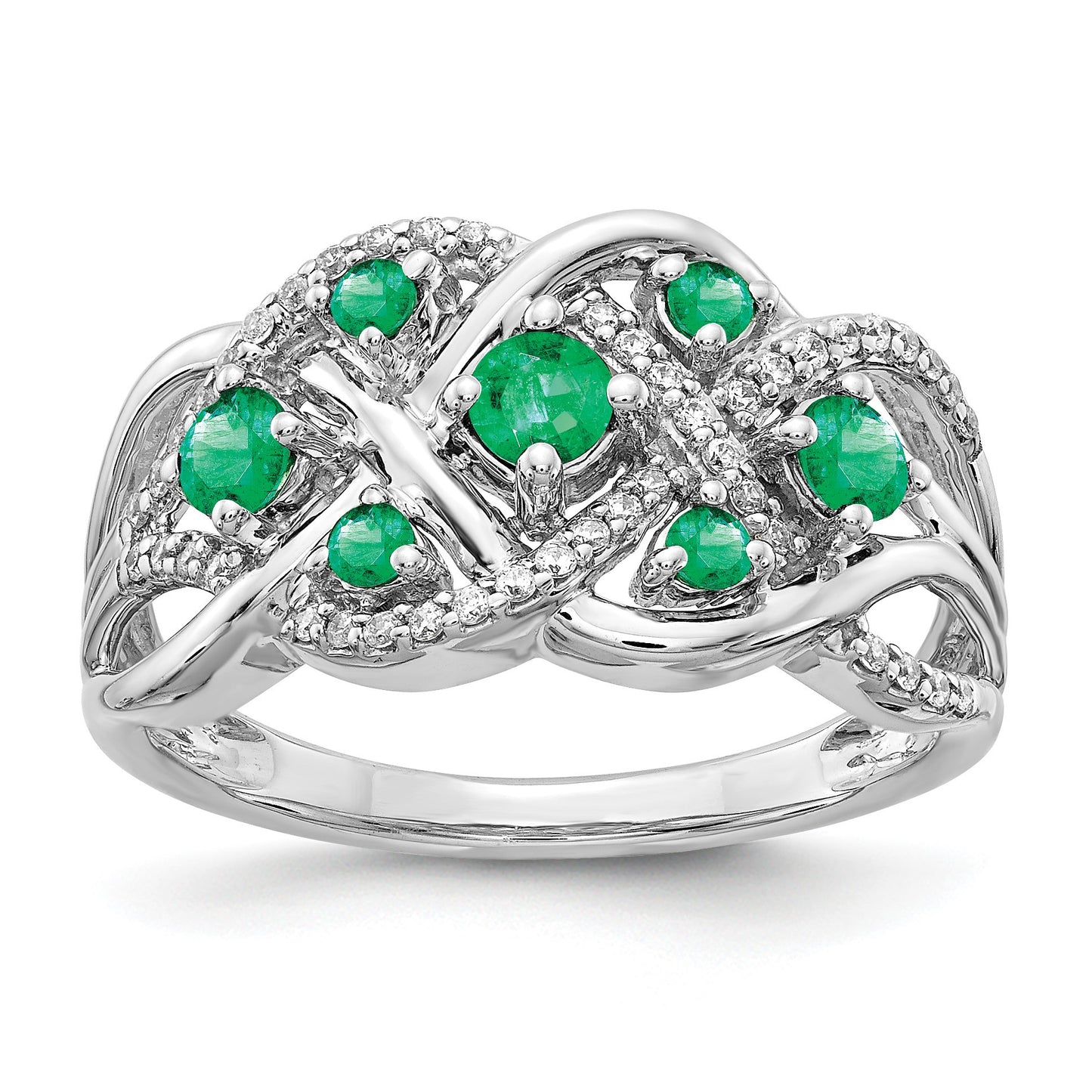 14k White Gold Emerald and 1/5 carat Diamond Fancy Woven Ring
